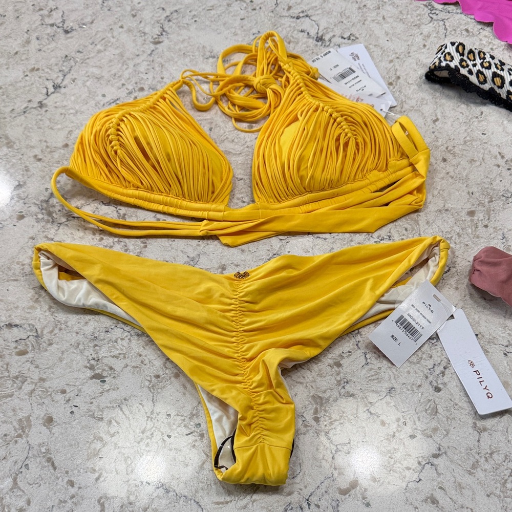PilyQ Yellow Bikini Set & 2 brazillian/cheeky bottoms All NWT
